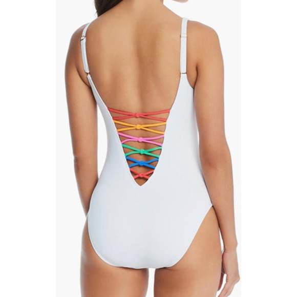 Bleu Rod Beattie One Piece Swimsuit Size 10 Plunge V-Neck White Colorful Rainbow - Picture 9 of 9